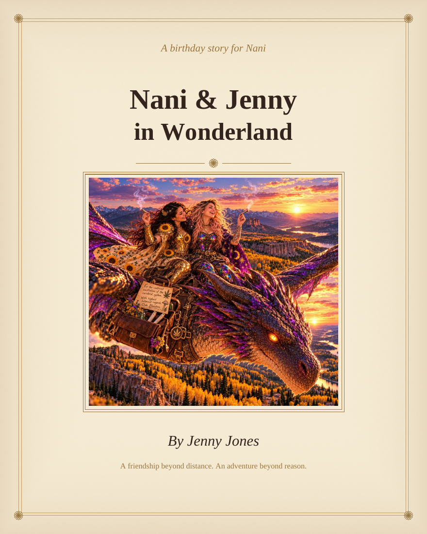 Official Nani and Jenny in Wonderland cover. Two friends ride a richly colored purple dragon above a golden autumn landscape at sunset. Title and author Jenny Jones appear on the cover.